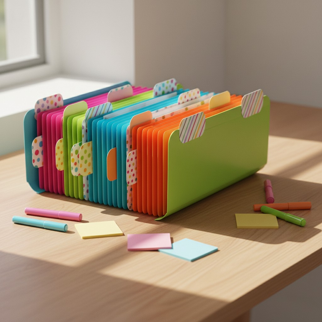 A brightly colored file organizer with polka dots on its edges sits on a light wood table, surrounded by pastel sidewalk c...