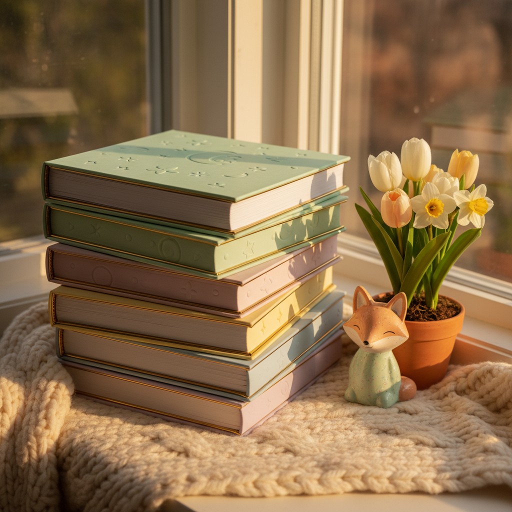 A stack of books in various colors, a ceramic fox figurine, and a potted plant with white and yellow flowers on a beige kn...