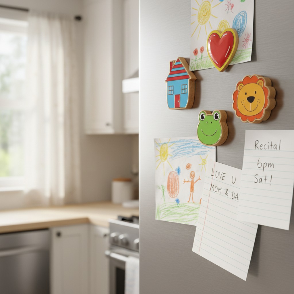 A kitchen with children's drawings pinned to a fridge, featuring a drawing of a person and the phrase "Love U Mom & Dad".