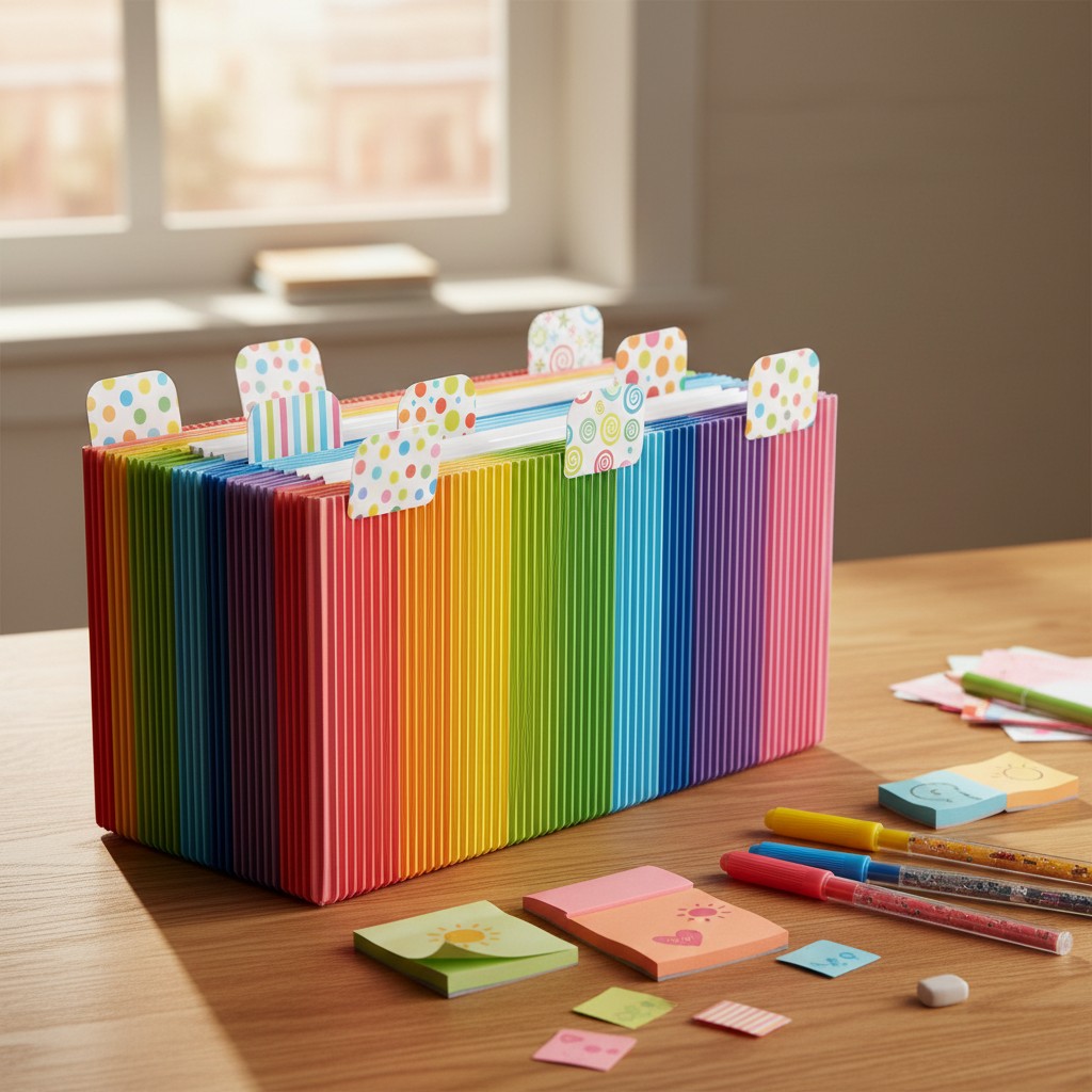 A colorful index card box with pens, stickers, and other stationery items on a wooden desk in front of a window.