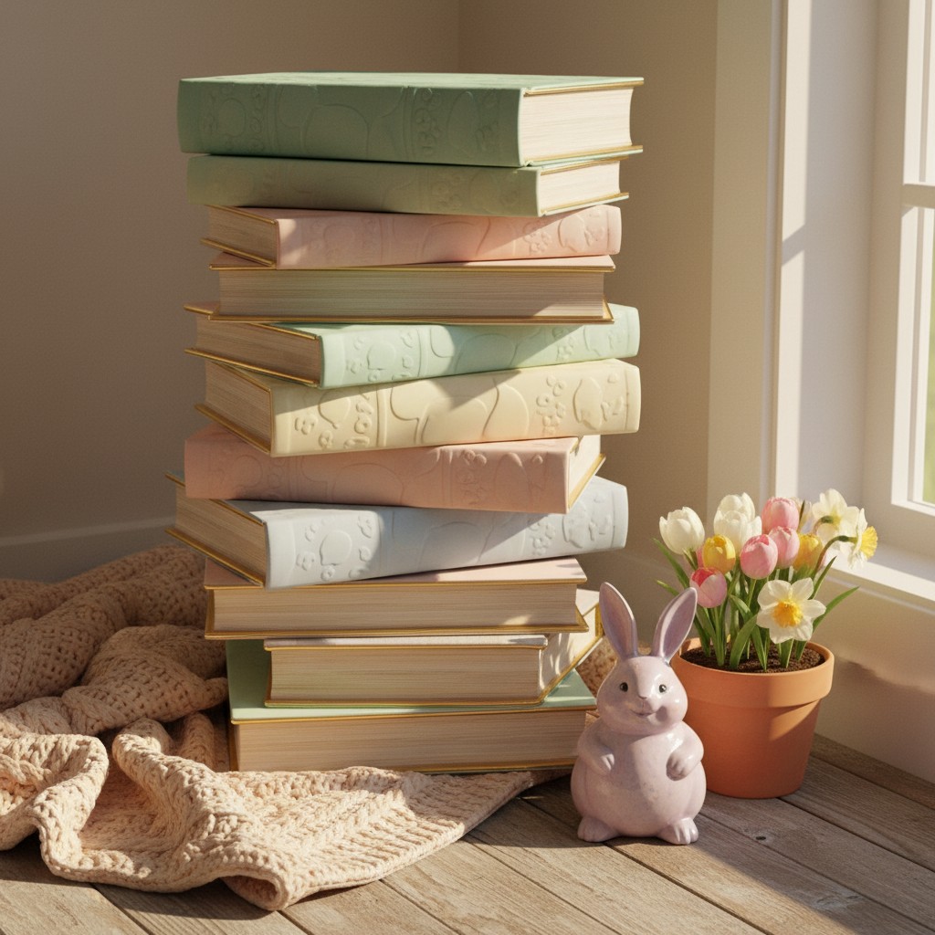 A tall stack of books featuring a pastel color scheme: light blue, pink, beige, white, and light green, adorned with custo...