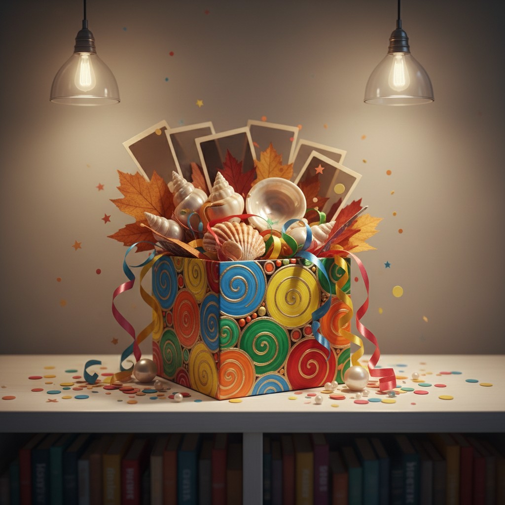 Decorated collection box with seashells, leaves, and artwork