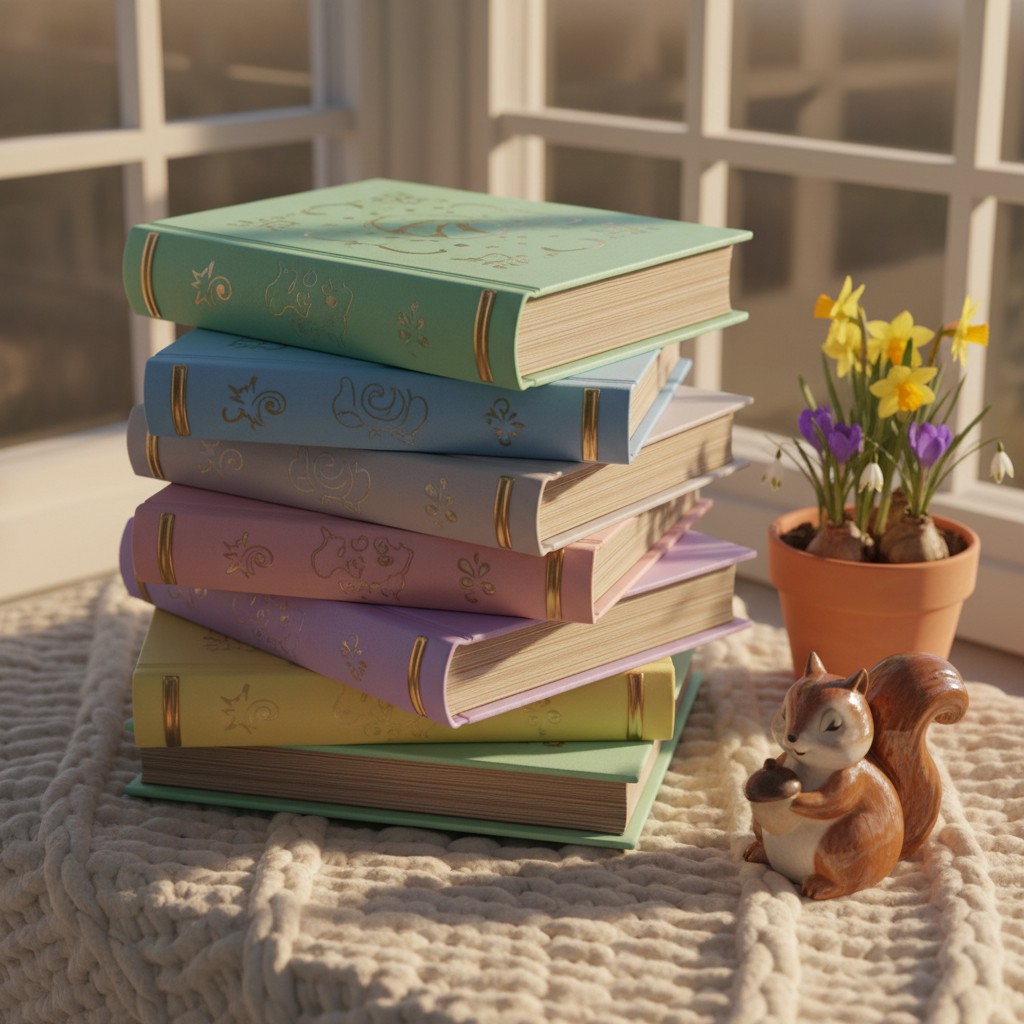 An arrangement of pastel-colored books stacked on a soft, textured blanket in front of a window with a pot of flowers and ...
