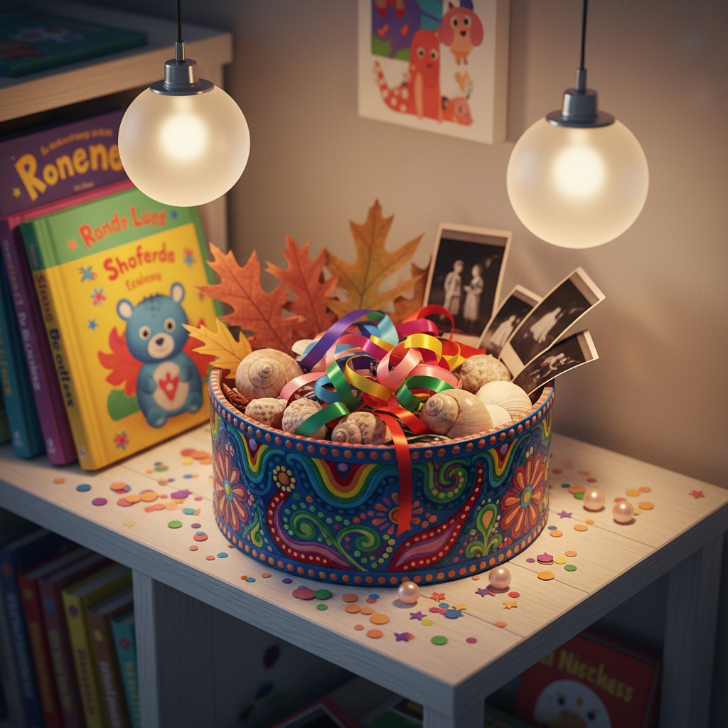 Child's room, with a decorative bowl of seashells and colorful confetti on a shelf next to children's books and an ultraso...